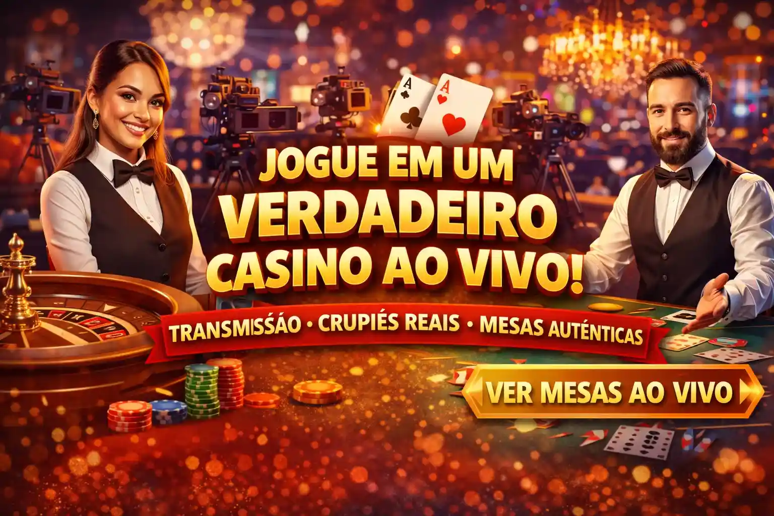 Banner de cassino ao vivo com crupiês reais e mesas transmitidas