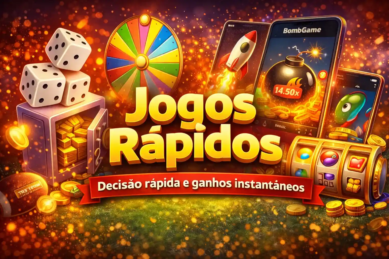 Banner de jogos rápidos com roda, dados e slot digital